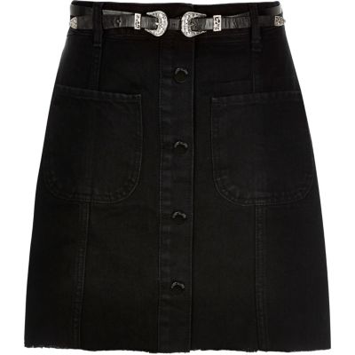 Black denim belted button-up skirt